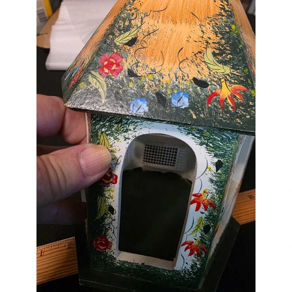 Hand Painted Wooden Birdhouse Floral Cottage Garden Decor Hexagon Hanging 12in